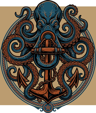 Vintage nautical illustration of a blue octopus wrapped around a rusted anchor.