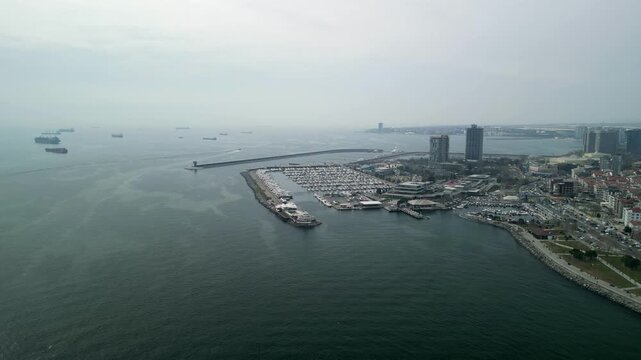 Istanbul Atakoy Marina and Bakirkoy ferry terminal fly above shot