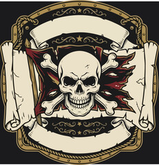 Fototapeta premium Vintage pirate skull emblem with crossbones and scroll banner.