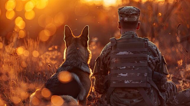 A soldier and his military working dog share a moment against a blurred background.