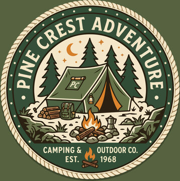 Vintage Pine Crest Adventure Camping Emblem.