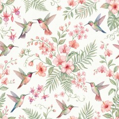 Obraz premium Colorful Hummingbirds Gather Around Various Flowers in a Vibrant Display of Natures Beauty and Life in a Garden Setting During the Daytime