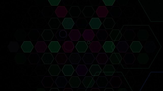 Abstract Digital Grid Background with Colorful Glowing Hexagons and Circles. 4K Video