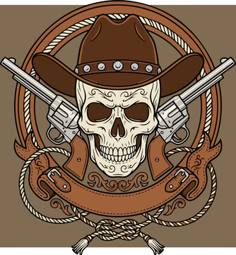 Vintage Western Cowboy Skull with Crossed Revolvers and Rope Frame.