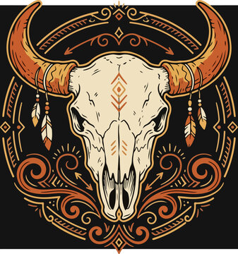Western bull skull with tribal feathers and geometric ornamental patterns.
