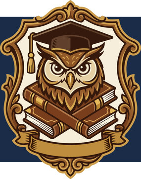 Wise owl mascot wearing a graduation cap with crossed books emblem.