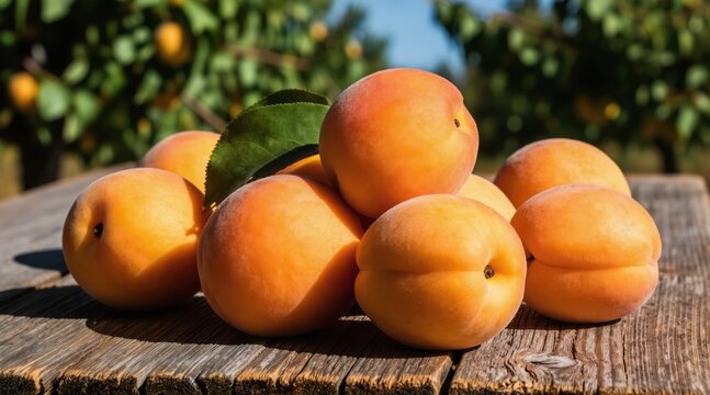 Fresh ripe apricots piled on rustic wooden planks in a sunny orchard. Green leaves and blue sky offer vibrant color contrast. Healthy fruit picked from tree for eating or cooking.