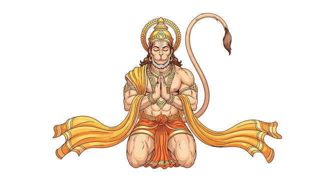Detailed vector art of Hanuman, the Hindu monkey god, in a devotional pose with hands pressed together and a halo, presented in a golden color palette against a clean white background