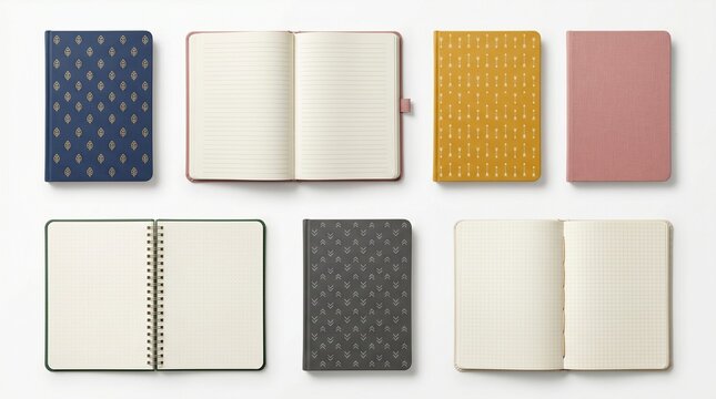 Notebooks Variety Display: A collection of various notebooks, each showcasing unique designs, open pages, and textures, creating a visual symphony of stationery.