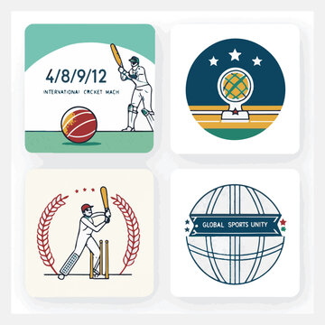 Four Square Panels Featuring Cricket Player And Global Sports Icons ball stumps