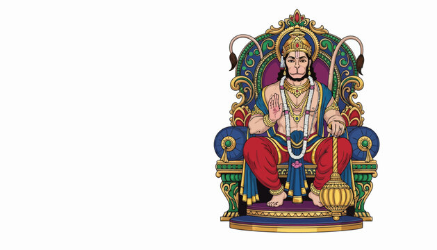 Detailed vector art depicts the Hindu monkey god Hanuman sitting on an ornate throne, a religious illustration with vibrant colors and intricate design elements, conveying a sense