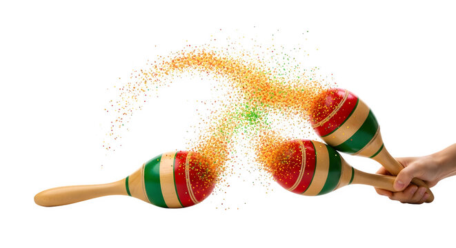 Person holding colorful maracas with vibrant orange dust exploding