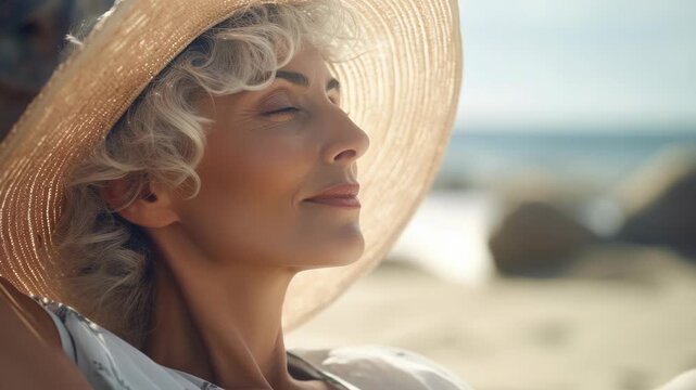 Soft sunlight glows on her face. She wears a wide-brimmed straw hat. Her eyes close as she smiles gently. Salt air and waves linger in the background. She's relaxed, soaking in quiet seaside peace