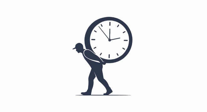 Tired worker carrying a large heavy clock on his back representing the stressful burden of managing limited time during work