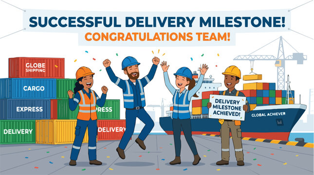 Successful Delivery Milestone Celebration with Diverse Team of Workers at Shipping Port with Cargo Containers and Global Achiever Ship
