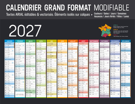 Calendrier Fran&ccedil;ais 2027 modifiable vectoriel, grand format France, textes en Arial, &eacute;ditables et vectoris&eacute;s. Mod&egrave;le personnalisable pour bureau.