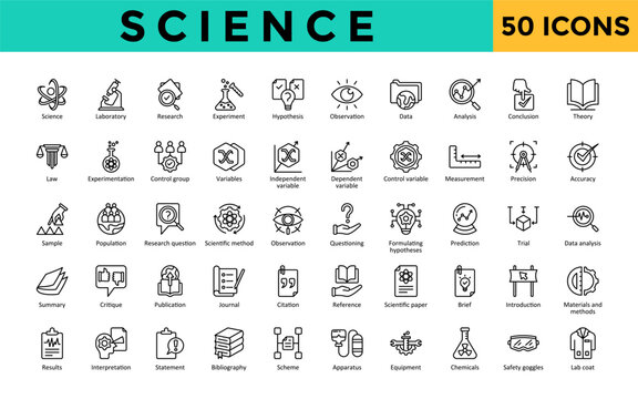 Science icons set with laboratory, research, experiment, hypothesis, observation, data, analysis, conclusion, theory icon. Simple line vector 
