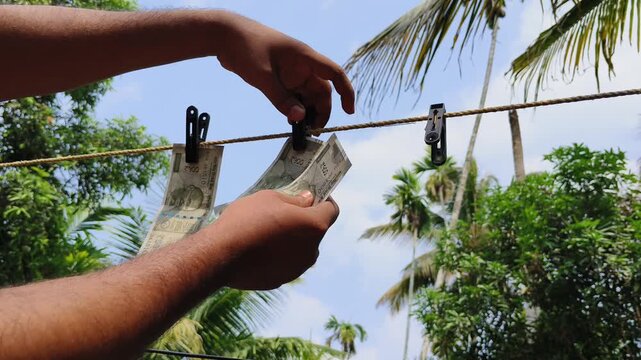 Hand drying five hundred rupee new printed fake or counterfeit indian currency note on rope using clips under sunlight. Black money laundering, clean dirty cash, and illegal india rupees crime concept