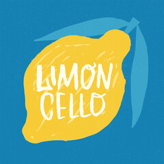 Naklejka premium Rustic Limoncello Amalfi lemon with bold hand written typography and grainy ink texture, vintage Mediterranean summer poster for kitchen wall art, cafe menus, wine labels, postcards. Vector