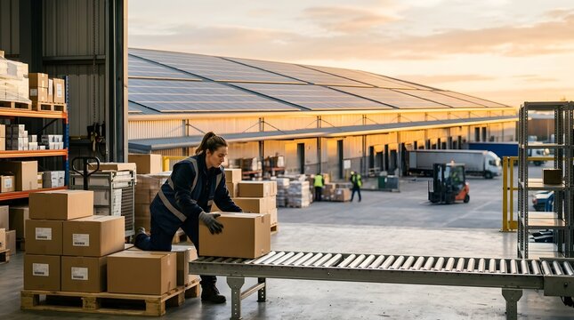 Female warehouse worker in uniform lifting a cardboard box onto a roller conveyor belt at a large distribution center with solar panels on roof and trucks outside during sunset.