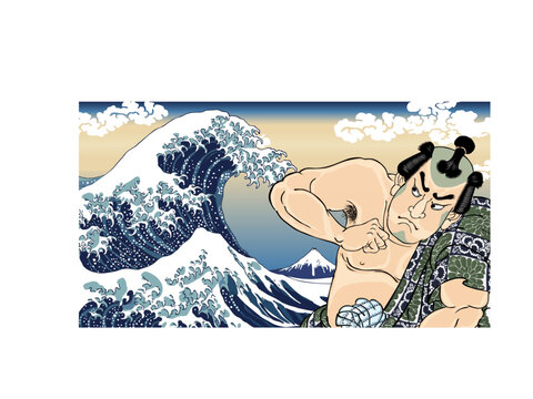 富士と大波を背負う和風の男