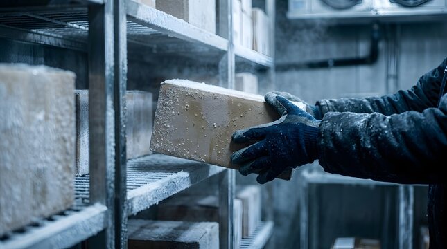 Close-up of a worker wearing heavy gloves handling a frozen cardboard box on metal shelving inside an industrial cold storage freezer with visible frost and ice accumulation.