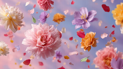 Naklejka premium Dreamy Abstract Background Featuring Vibrant Colorful Flowers and Delicate Petals Floating Gracefully in a Soft Pastel Pink and Purple Sky, Enchanting Botanical Composition for Romantic Art Design