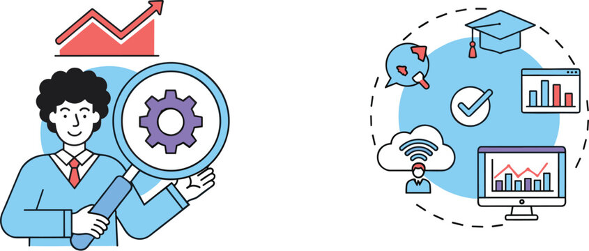 Business analytics and performance optimization vector illustration with charts, growth graph, data monitoring and digital management concept