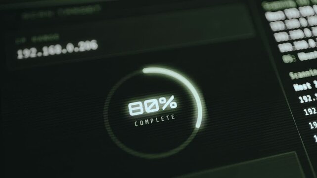 IP scanner terminal showing target IP with circular progress indicator