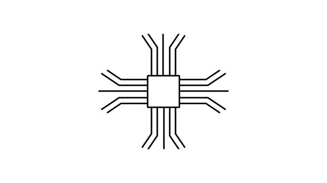 Microchip line icon, computer processor CPU icon animation, electronic component with moving signals and scaling circles.