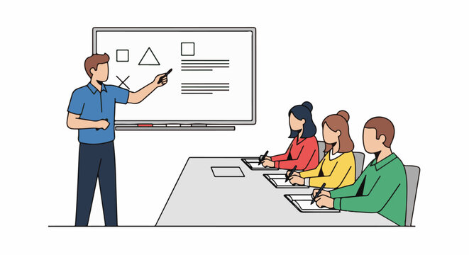 A male presenter explains key concepts on a whiteboard to a diverse group of students diligently taking notes in a professional learning environment.