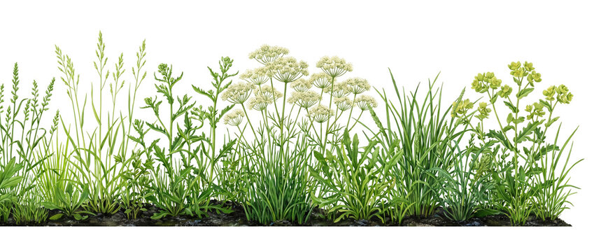 Wild plants, field grass, green weeds, botanical border, meadow flora, cow parsley, black background. Realistic digital illustration of spring meadow vegetation for natural design.