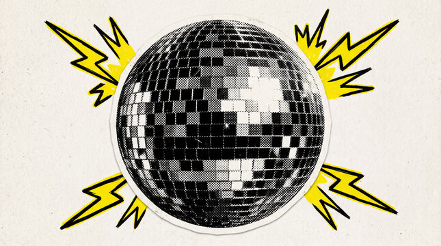 Pop Art Disco Ball Collage Illustration, Halftone Texture, Nightlife Party Music Dance Concept, Retro Magazine Cutout Style Club Graphic