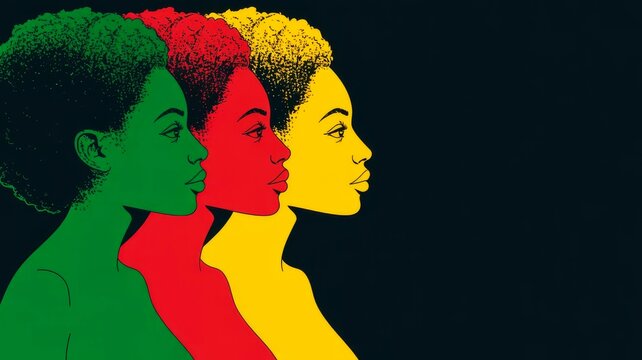 A vibrant illustration featuring three profiles of women with natural hair, colored in green, red, and yellow, symbolizing cultural identity and unity.