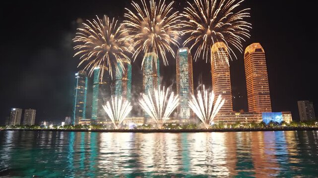 Da Nang International Fireworks Festival featuring massive gold and purple starbursts reflecting on the modern city skyline and skyscrapers