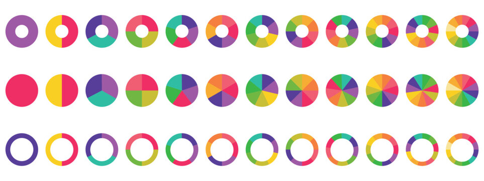 Pie chart color icons. Segment slice sign. Circle section graph. Set of colorful pie charts. Colorful pie charts with varying segments.