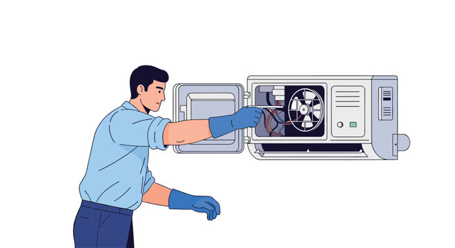 A professional technician wearing protective blue gloves meticulously inspects the intricate internal wiring and rotating fan of an open outdoor condenser unit.