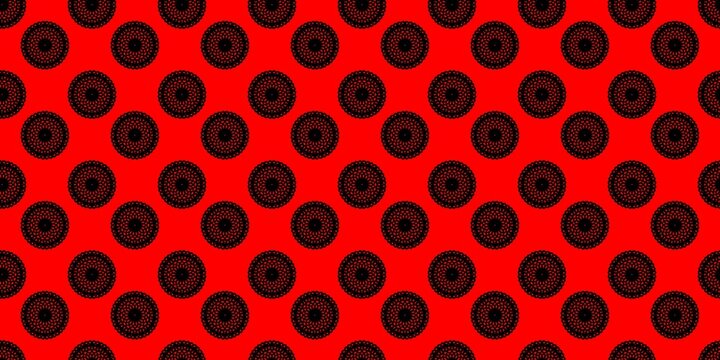 Red pattern with black filigree mandalas. Ornate circular lace motifs on a vibrant red background. Symmetrical vector texture for textiles, wallpaper, and background design. Seamless tile.