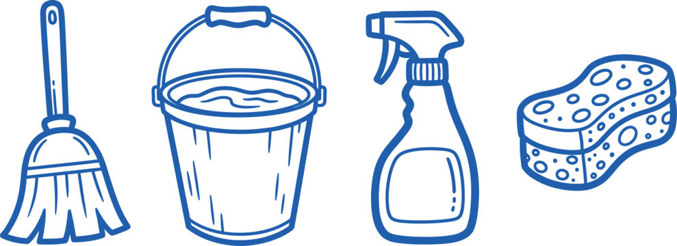Hand drawn cleaning supplies a broom bucket spray bottle and sponge illustrate household chores and hygiene