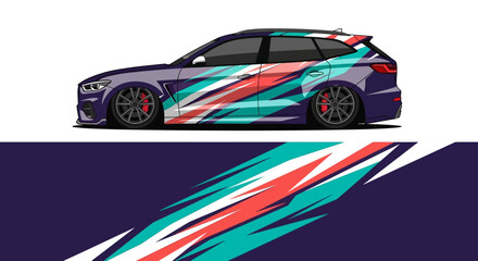Naklejka premium Stylized race car with vibrant teal, red, and white wrap on dark background.