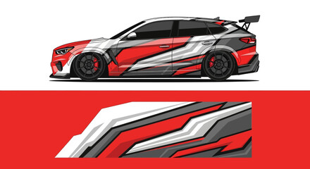 Obraz premium Sleek red and white racecar with aggressive graphics and aerodynamic design on a sports-inspired body.
