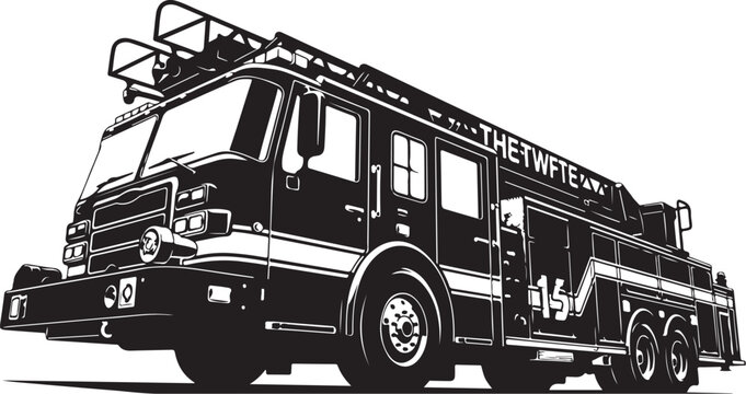 Fire truck, emergency vehicle, black and white illustration, vector graphics