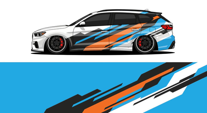 Sleek race car with bold blue orange black graphic livery and flowing stripes.