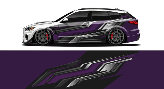 Sleek purple race car with bold graphics and side decals.