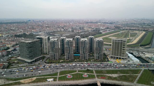 Istanbul/Turkey circa 2023: the "Pruva 34" residence buildings, fly above shot