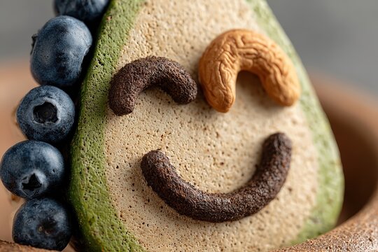 Colorful healthy ingredients forming a smiling face on ceramic plate in playful flat lay composition for vibrant wellness food concept.