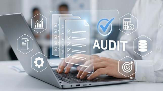 Immersive faceless accountant in white dress shirt typing on laptop with forensic audit dashboard to ensure regulatory compliance and fiscal transparency for corporate governance.