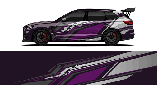 Side view of a customized purple racing car with bold white and black stripes.