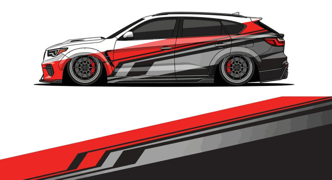 Sleek red and gray sports hatchback with racing decals and aggressive styling.