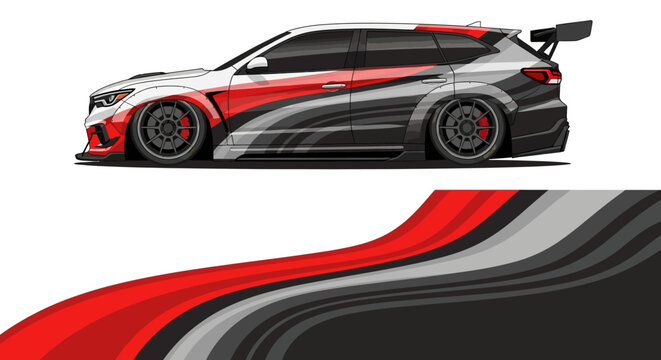 Sleek high-contrast racecar with red, black, and white livery featuring aerodynamic body kit and bold decals.